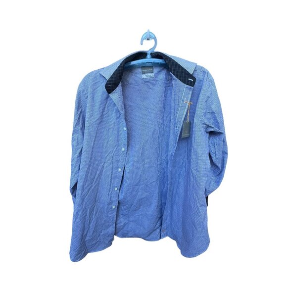 NWT Thomas Dean Mens Long Sleeve Button-Up Shirt Large Blue Checkered Pima Cotto - Picture 10 of 10